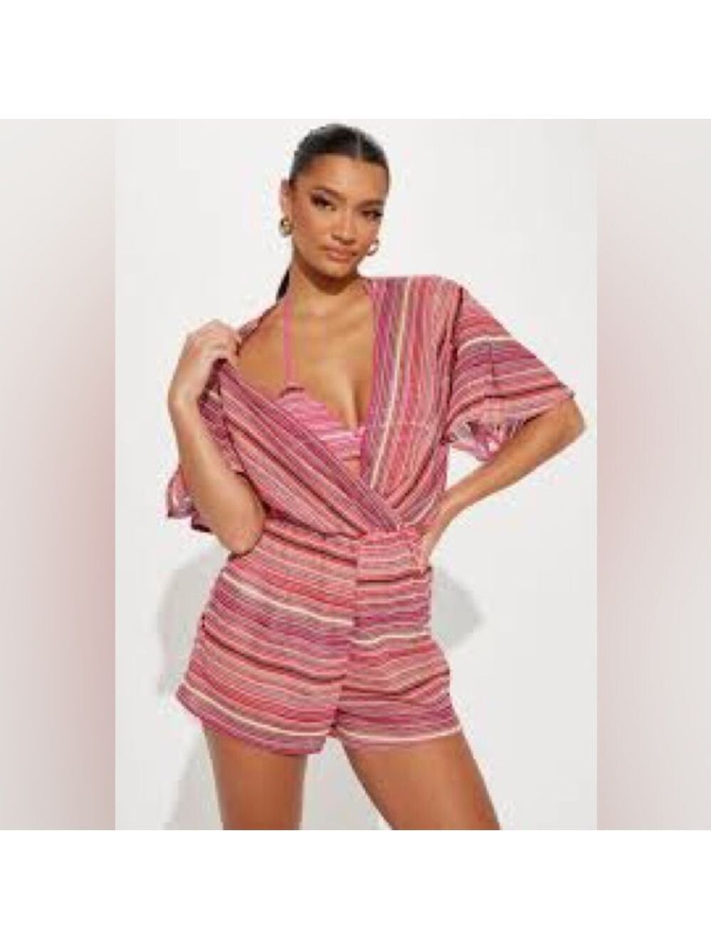 Vestique Pink and Orange Striped Swimsuit Romper Coverup Small